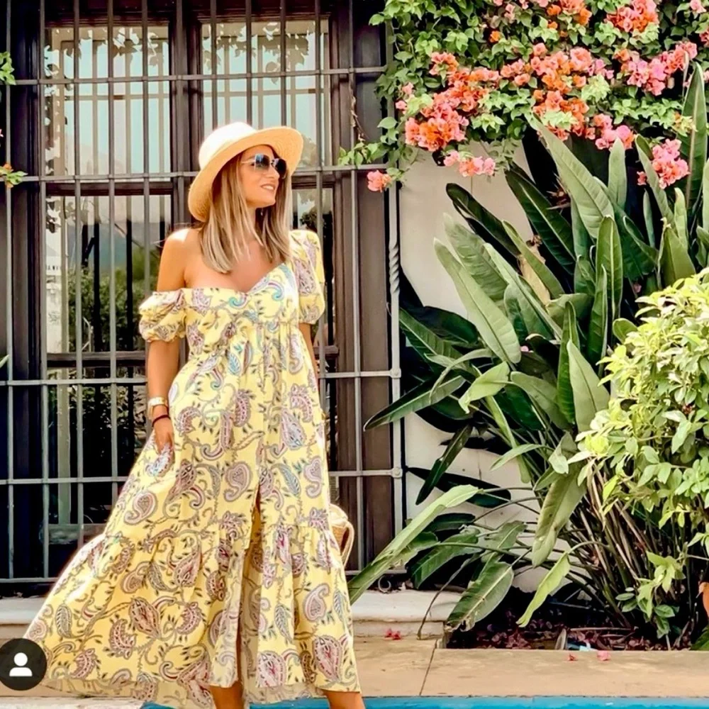 Zara Yellow Paisley Puff Sleeve Midi Dress | Size M | Has Pockets!! - Picture 3 of 12
